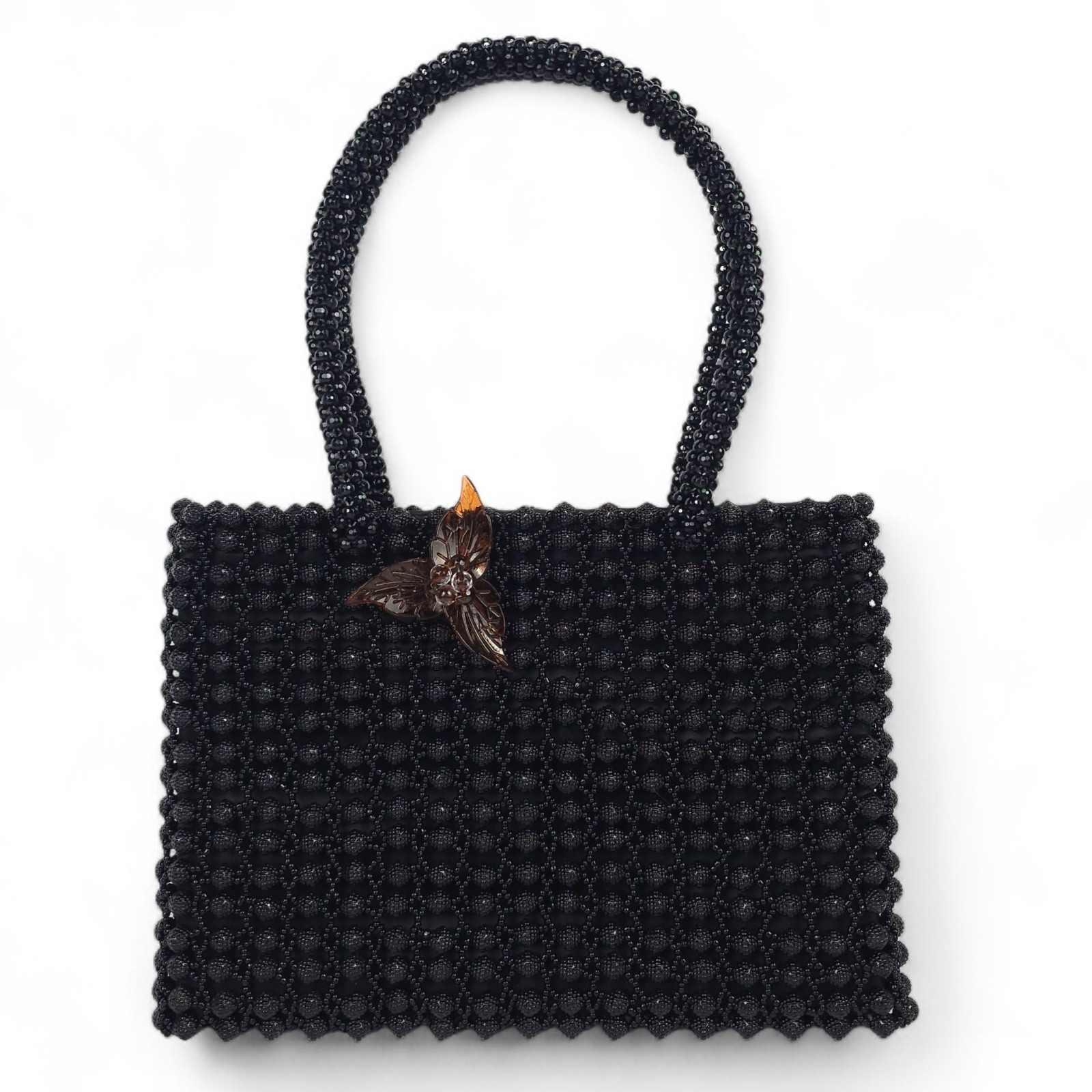 Artisan Handmade Vietnam Black Caviar Beaded Handbag Amber Floral Brooch Vtg Mcm